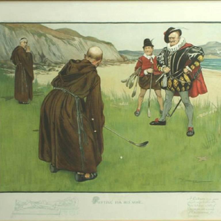 Vintage-Golfkunst, Humorvoller Golfdruck, Putting for His Nose, Charles Crombie im Zustand „Gut“ im Angebot in Oxfordshire, GB