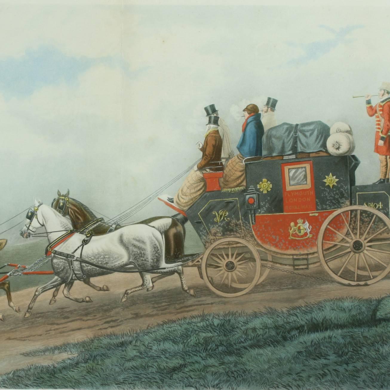 A good large colored coaching print 'Dodson's Coaching incidents', 'Three Minutes to Spare' after the painting by T.N.H.Walsh, engraved by C.R.Stock. The picture is framed in a blonde oak frame with gold slip and depicts the Plymouth London Royal