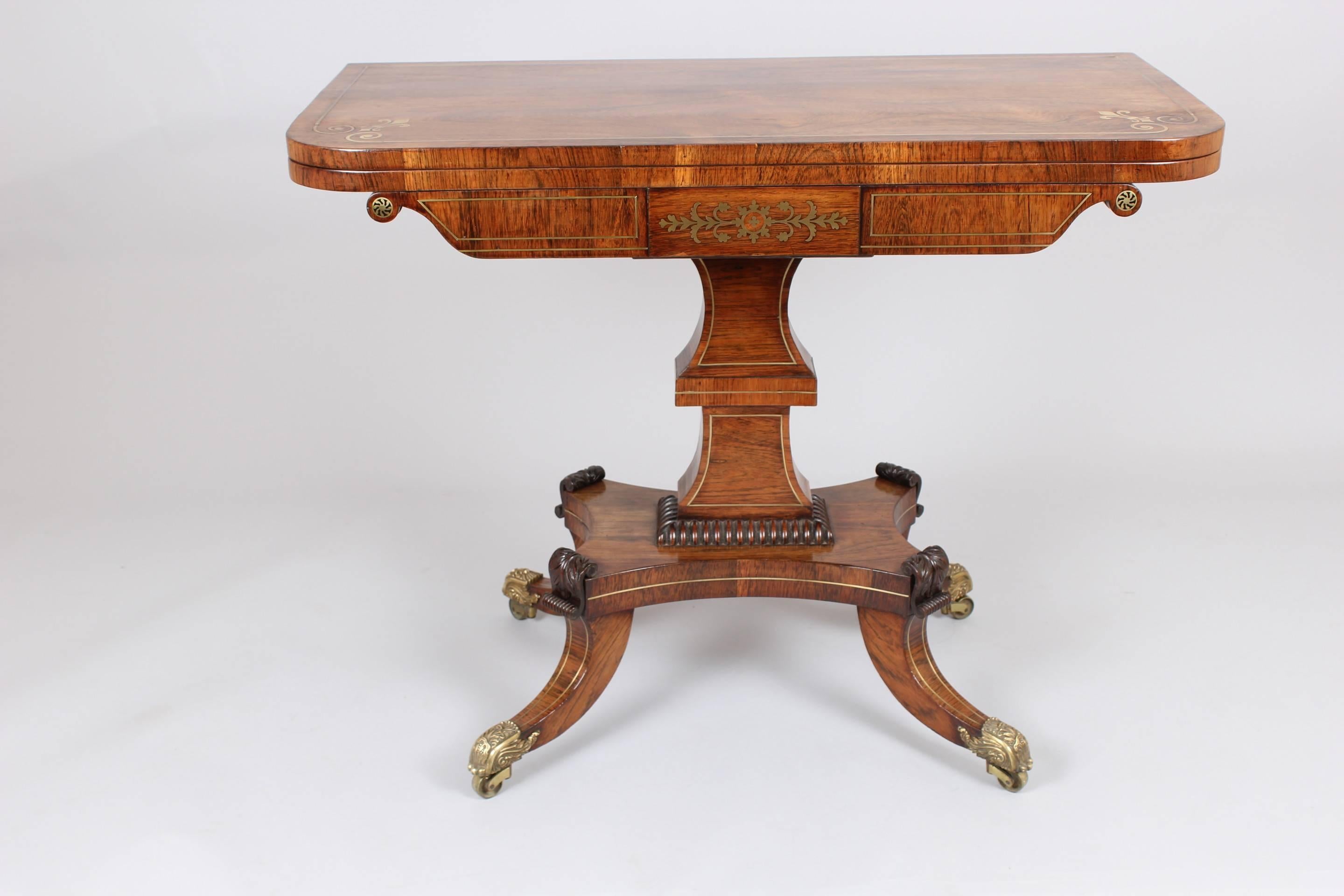 Fine Quality Regency Rosewood and Brass Inlaid Card-Table For Sale 1