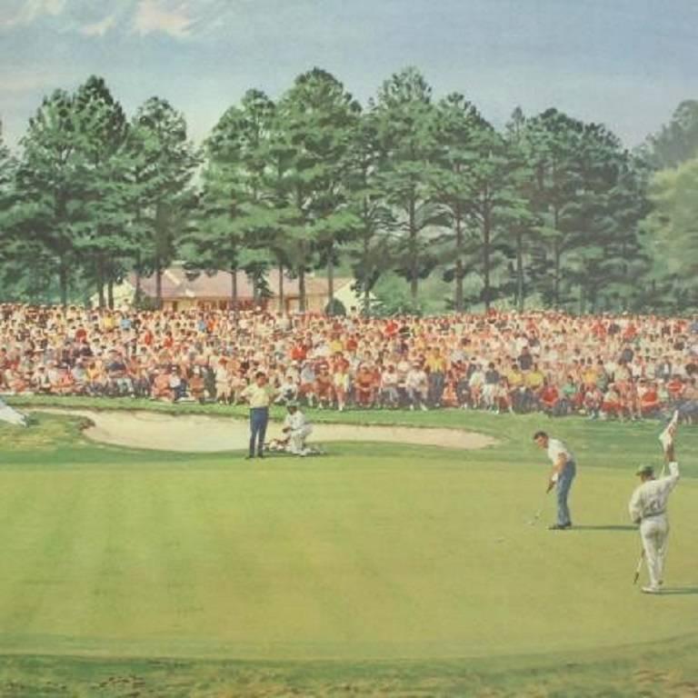 Arthur Weaver golf print. The Masters 1968 Bob Goalby makes the final Putt to win at the Masters in Augusta. 
Photo lithograph, with hand drawn remarque and artists signature.