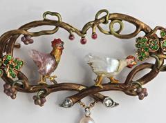 Wilhelm Lucas Von Cranach Cockerel and Hen Pearl Enamel Garnet Ruby Gold Brooch