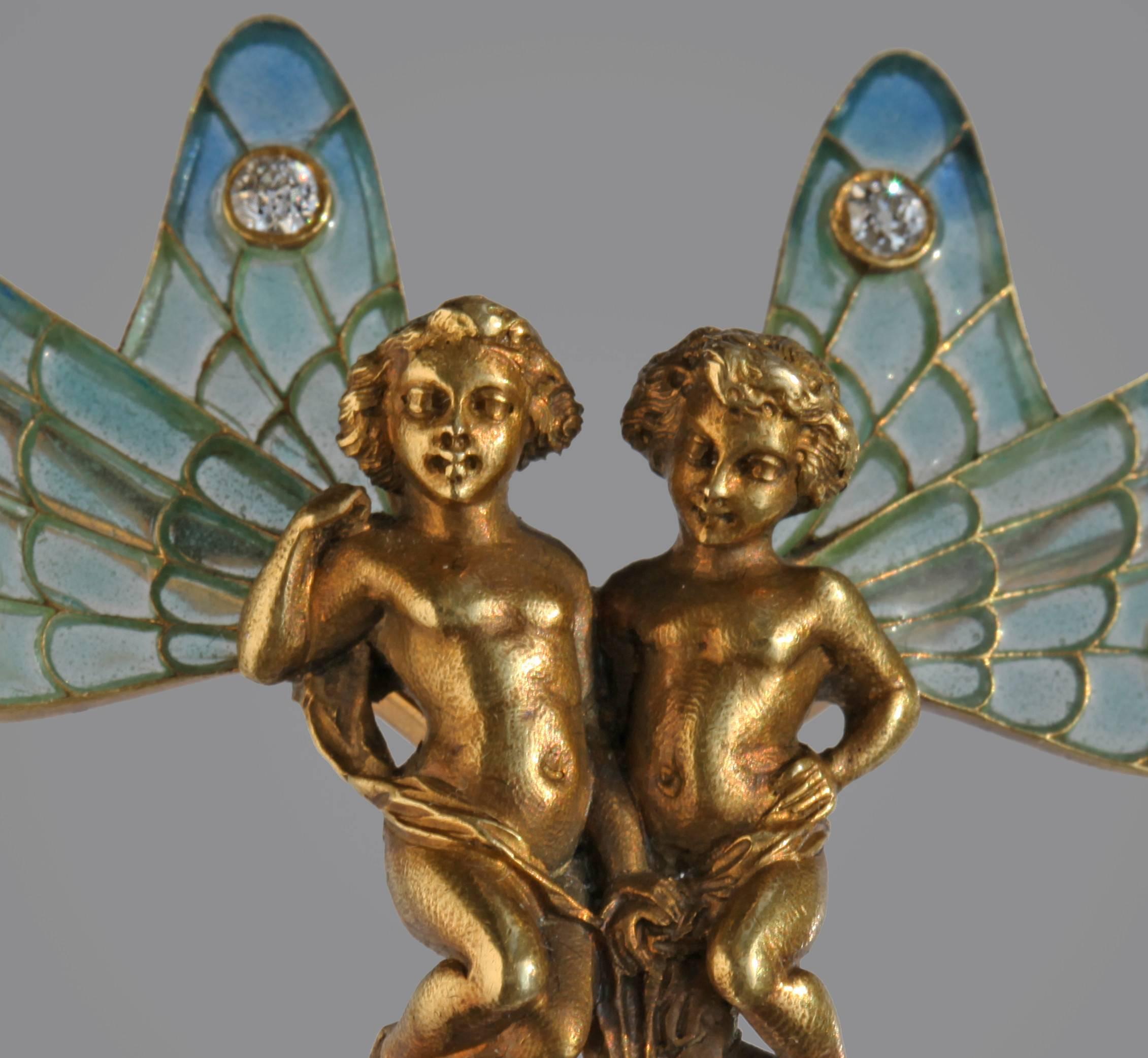 Old European Cut Antique Plisson & Hartz Art Nouveau Diamond Pearl Gold Brooch 'The Bond of Love' For Sale