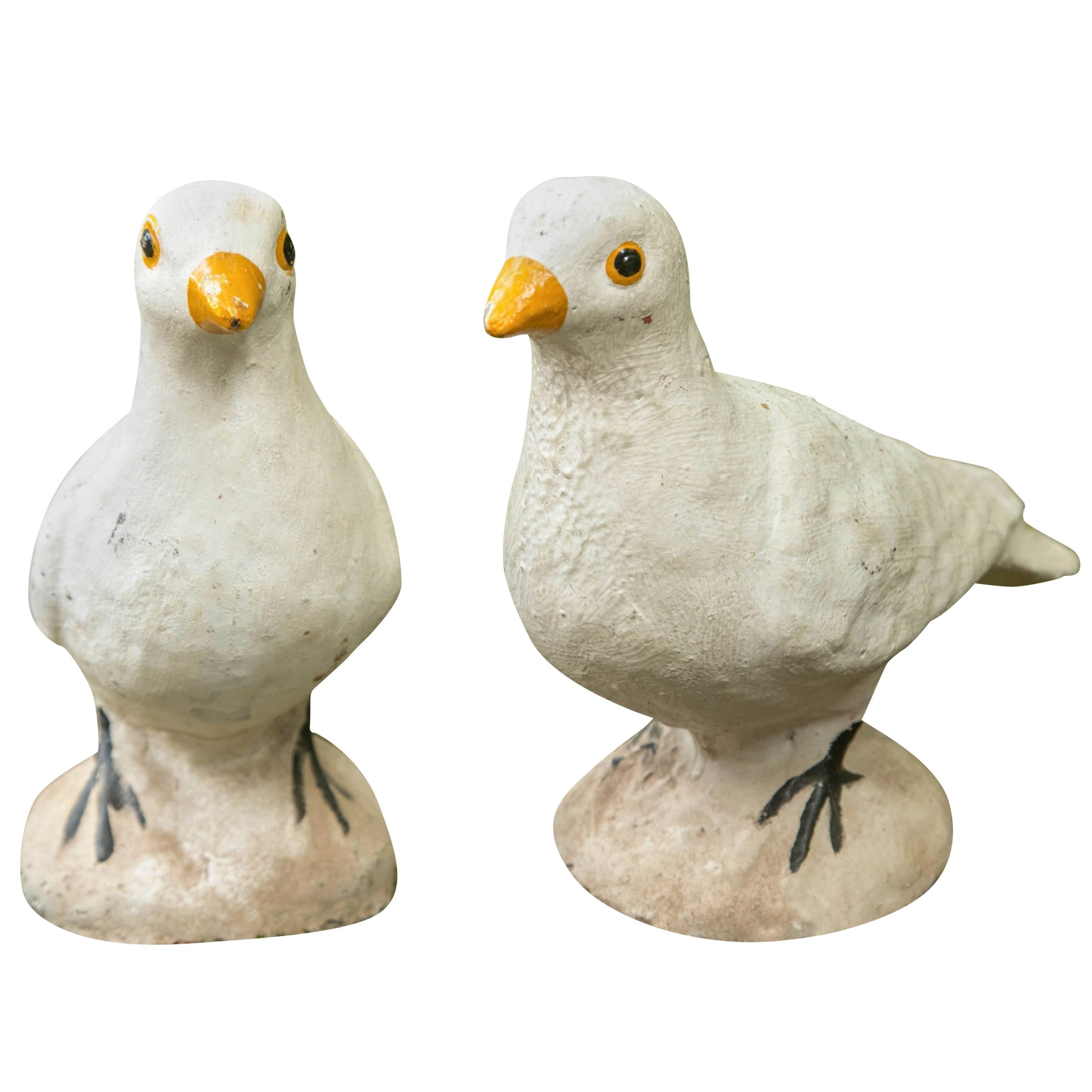 Pair of Adorable Cast Cement Doves For Sale