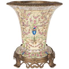 Porcelain Vase with Flora and Foliate Motifs, Brass Pedestal and Gilt Accent