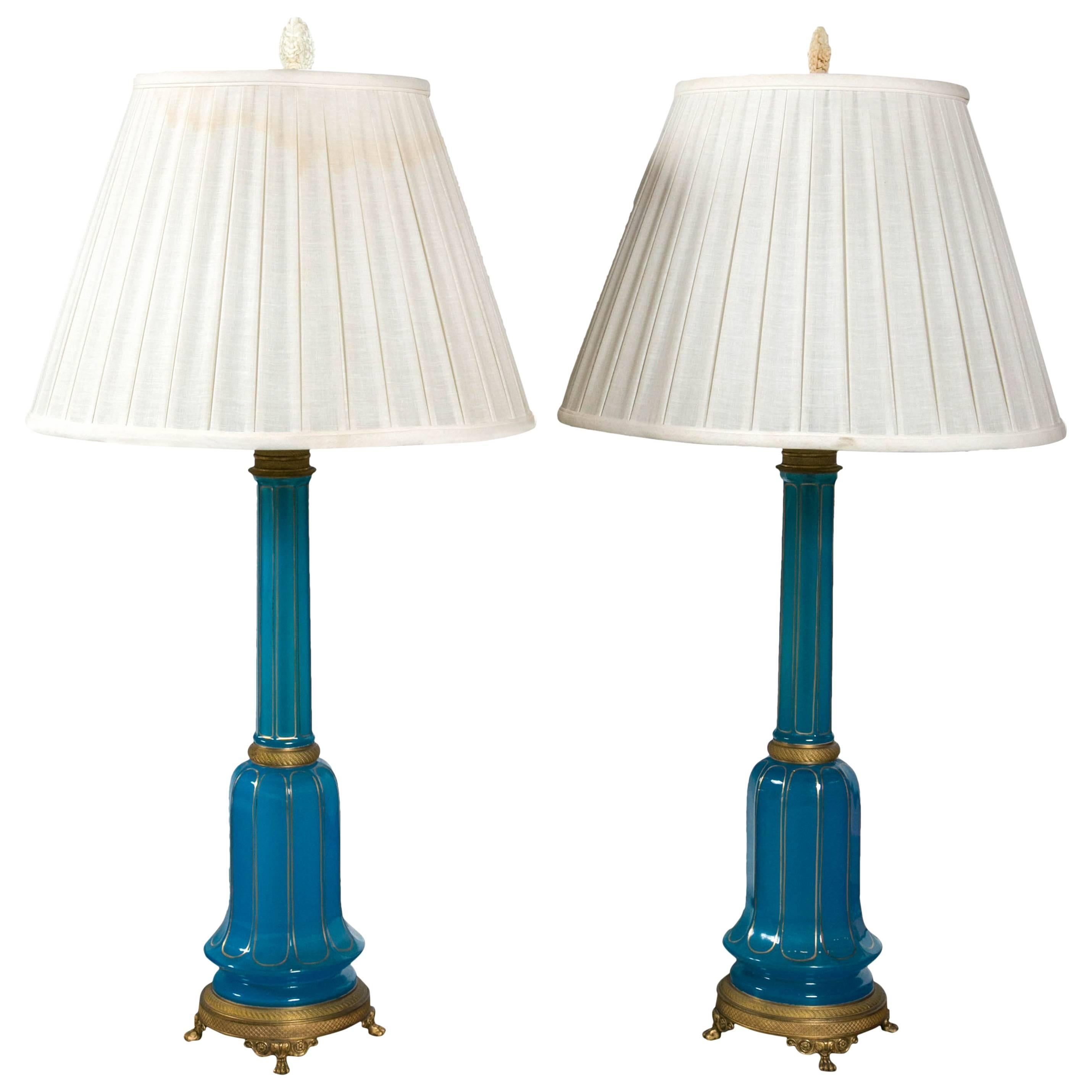 Pair of Blur Opaline Lamps For Sale