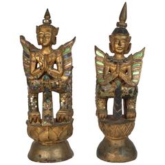 Antique Pair of Thai Gilded Kinnari Statues