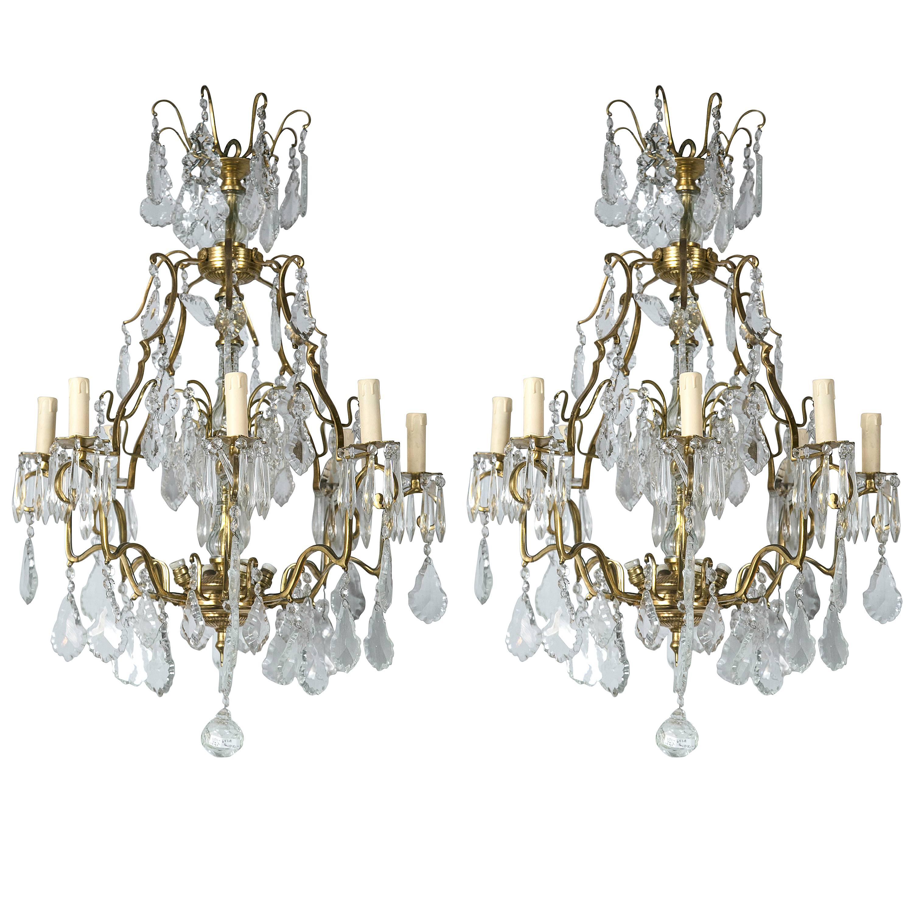 Pair of Bronze and Crystal Column Form Chandeliers