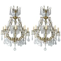 Pair of Bronze and Crystal Column Form Chandeliers