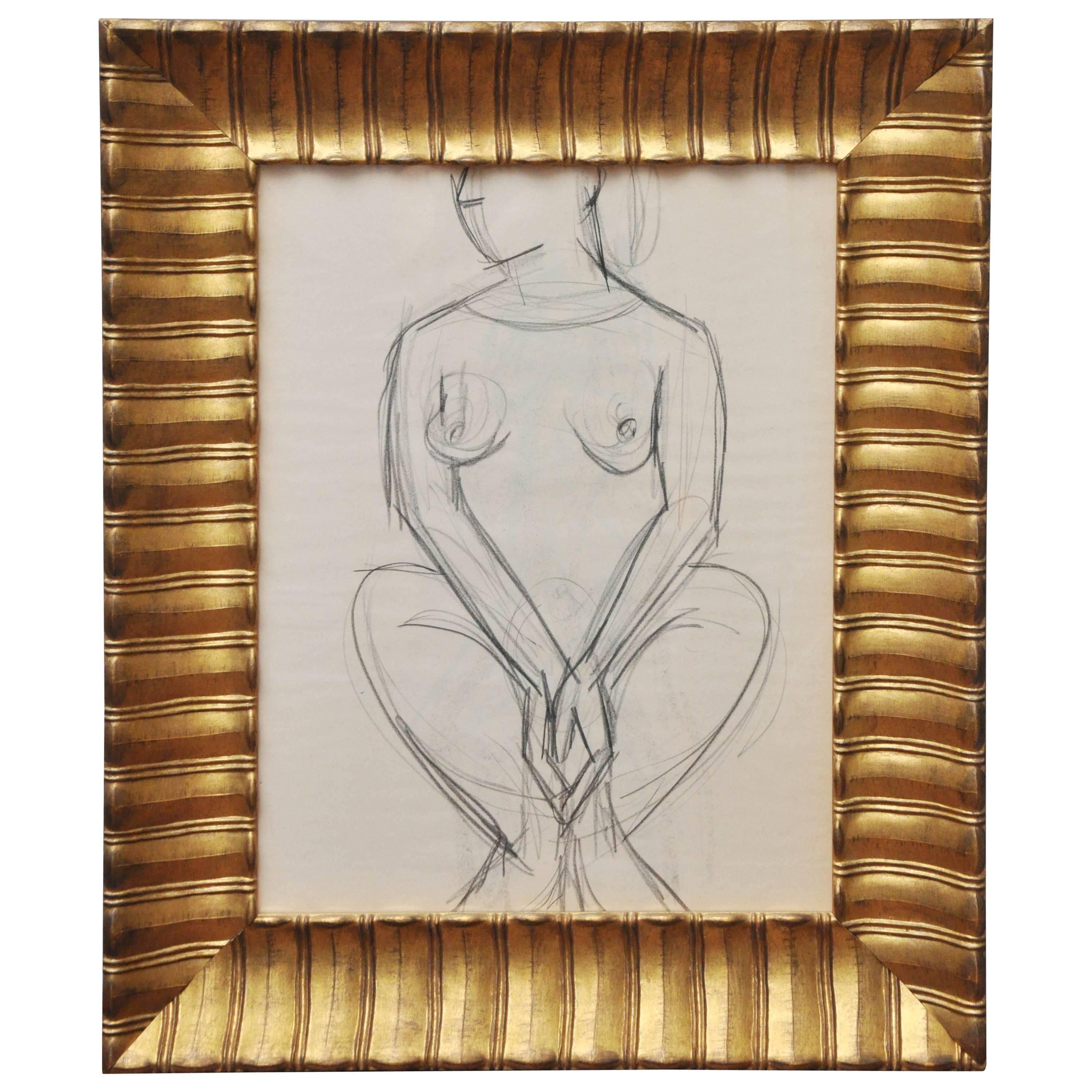 20th Century Nude Line Drawing in Hand Gilded Frame