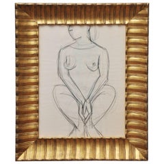 Vintage 20th Century Nude Line Drawing in Hand Gilded Frame