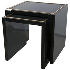 E J Victor Set of Lacquered Ebony / Brass Inlaid Wood Leather Top Nesting Tables
