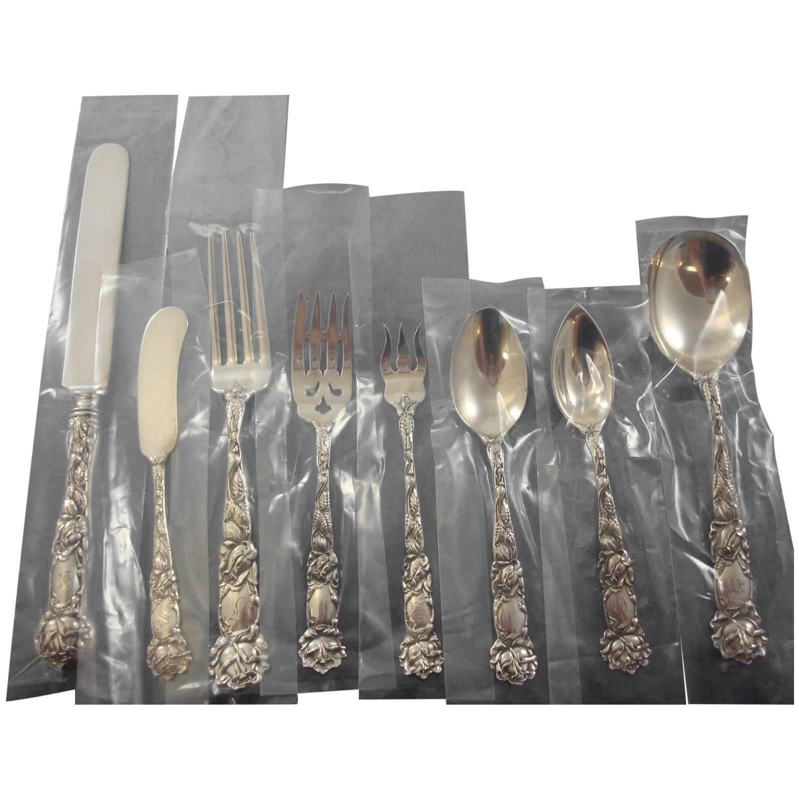 Beautiful Art Nouveau Bridal Rose by Alvin vintage dinner size sterling silver set of 98 pieces. This set includes:

12 dinner size knives, 9 3/4
