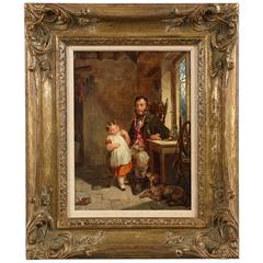 British School Interior Scene Painting, Father and Daughter, 19th Century