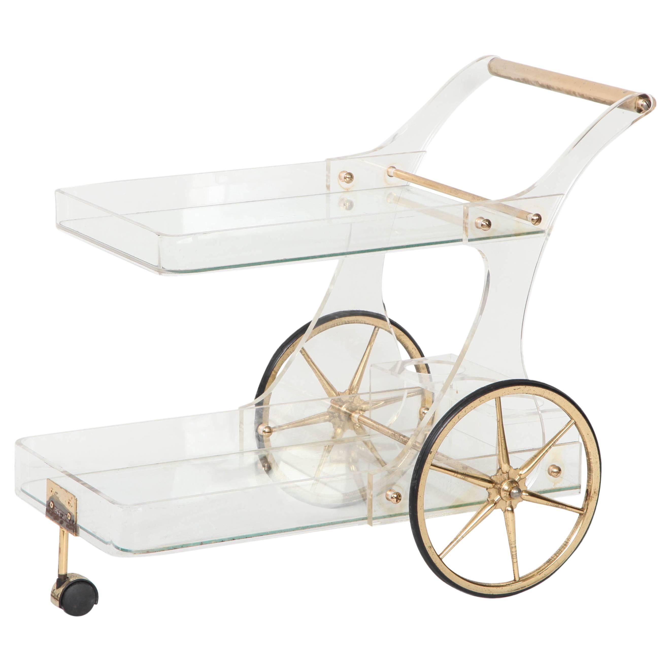 Lucite and Brass Rolling Bar Cart For Sale