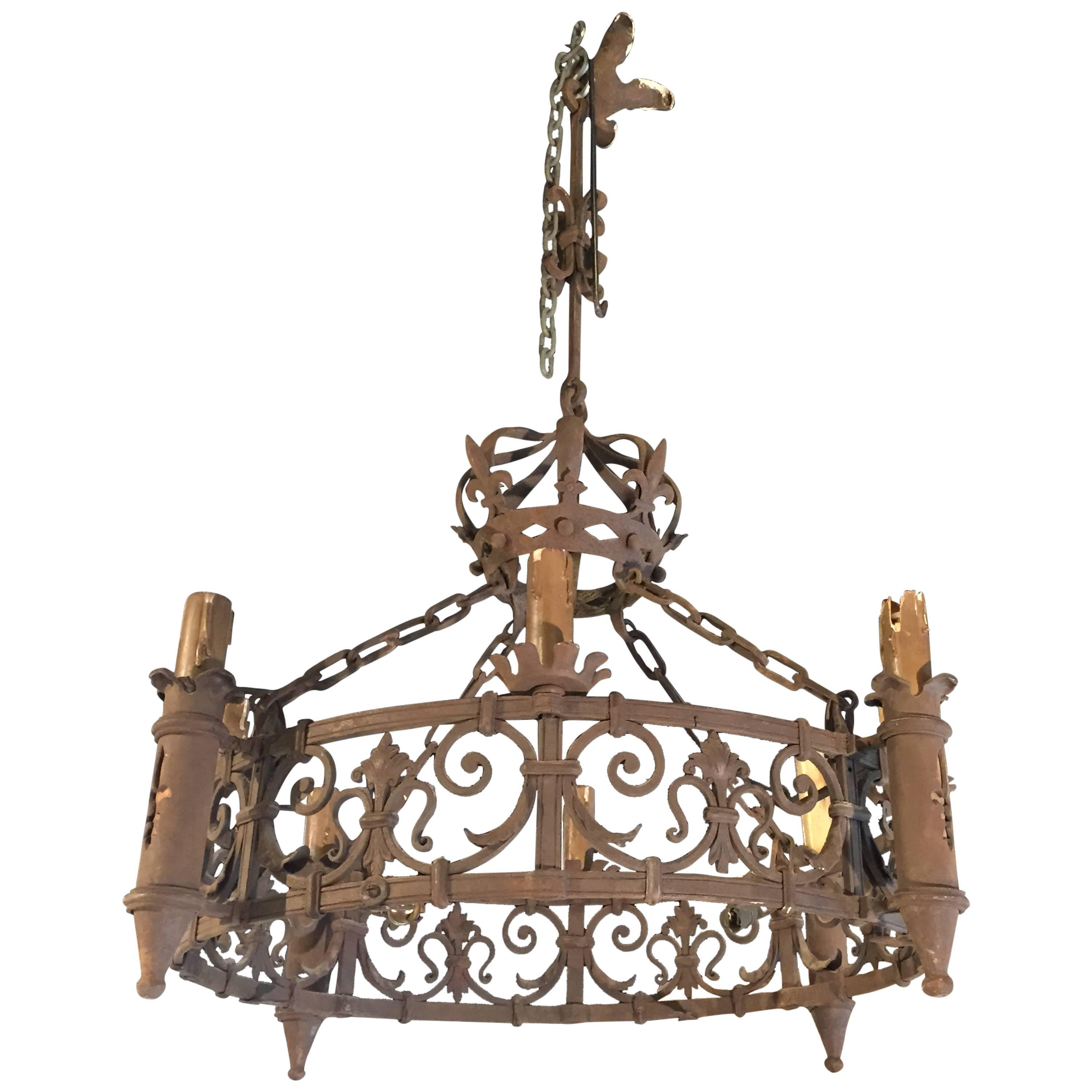 Antique French Forged Iron Chandelier with Fleur de Lys Motifs 