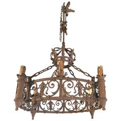 Antique French Forged Iron Chandelier with Fleur de Lys Motifs