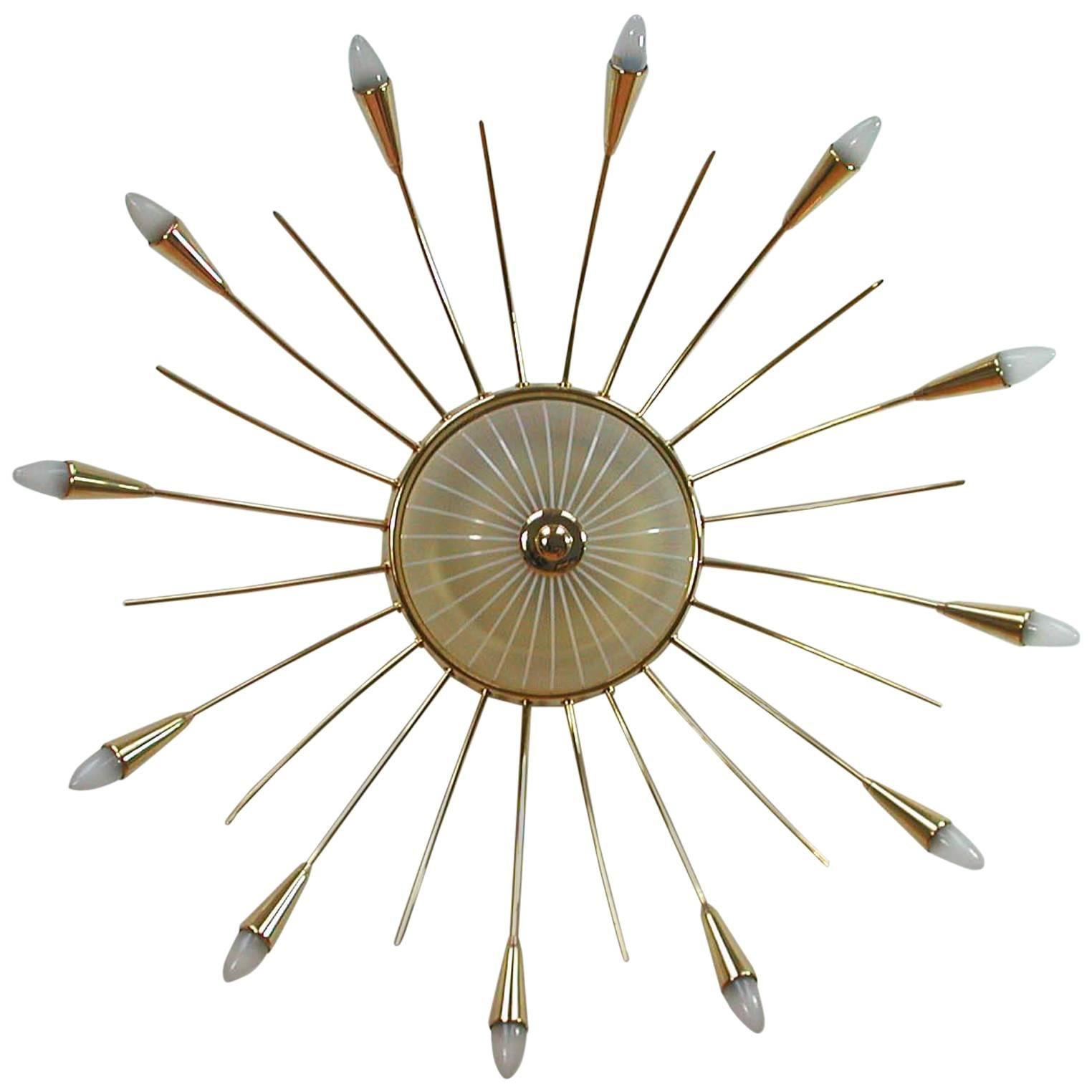 Mid-Century Italian Twelve-Light Brass Sputnik Sunburst Chandelier Flush Mount