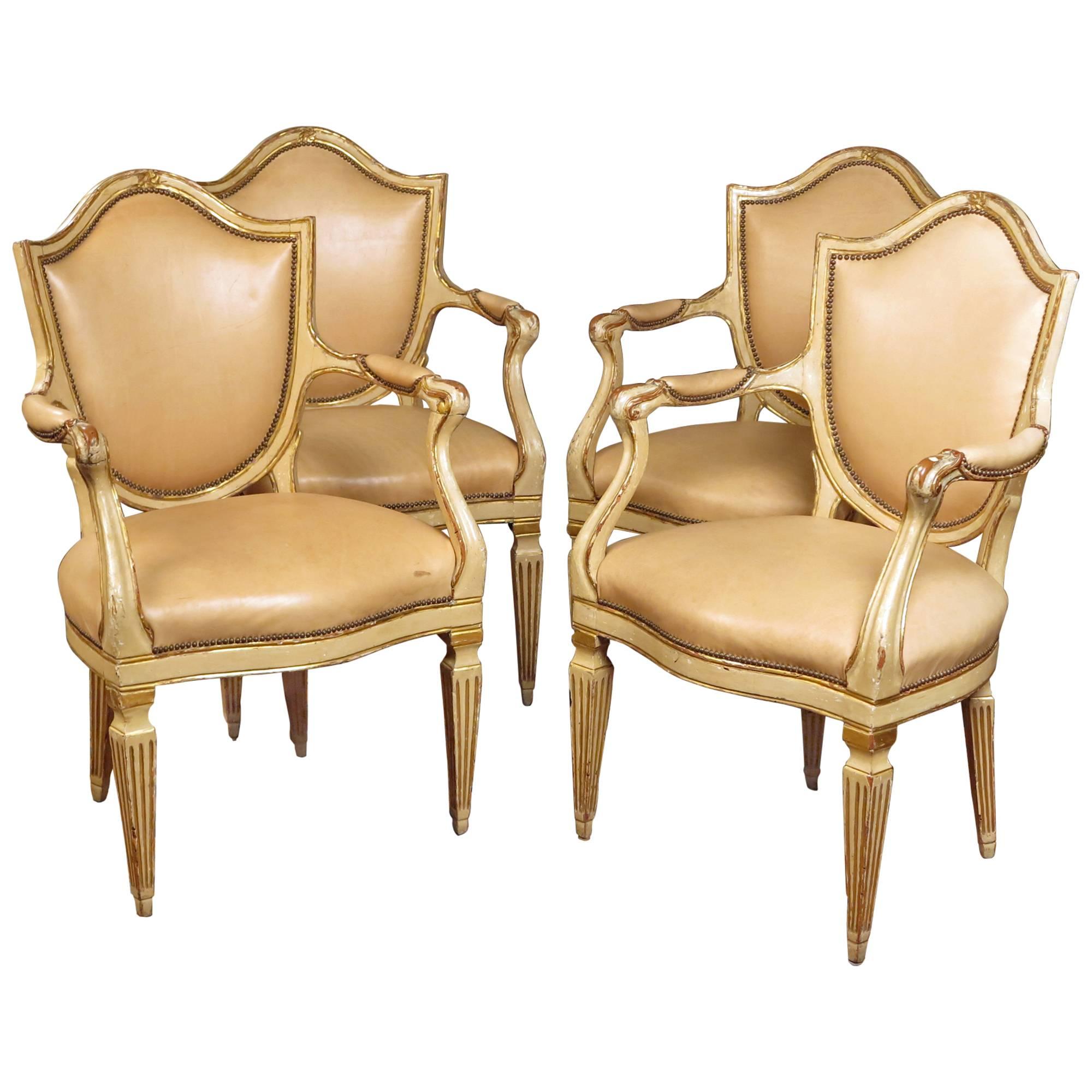 Set of Four North Italian Neoclassic Cream Painted and Parcel Gilt Armchairs For Sale