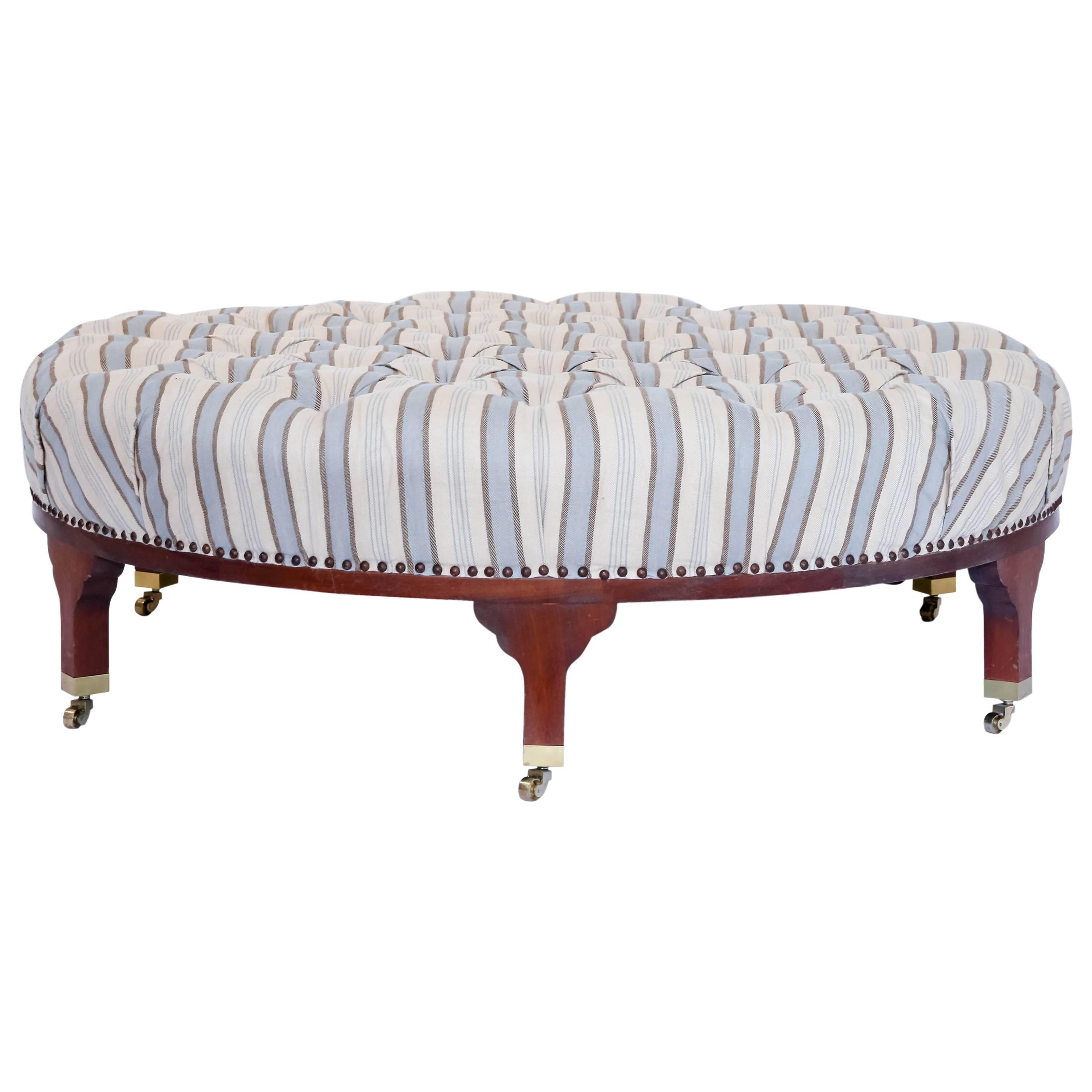 Large Round Tufted Ottoman with Striped Upholstery