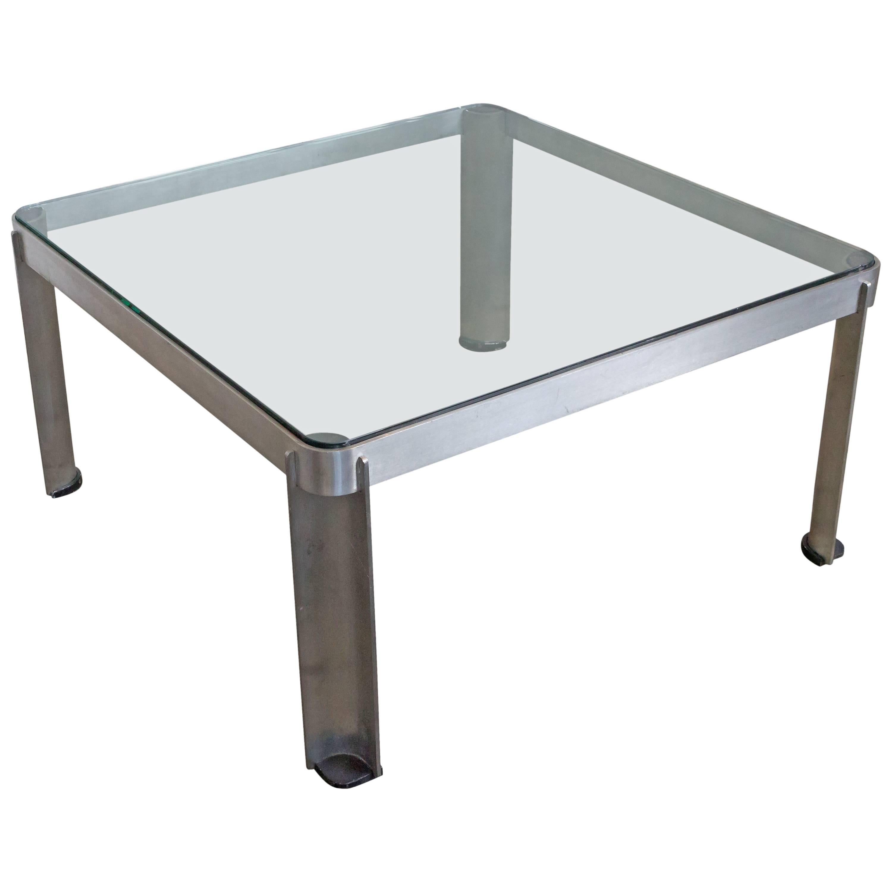 Table basse française en aluminium et verre des années 1980