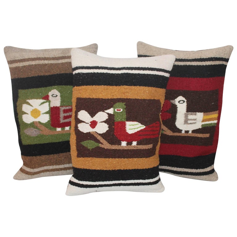 Pictorial Indian Weaving Pillows with Birds For Sale