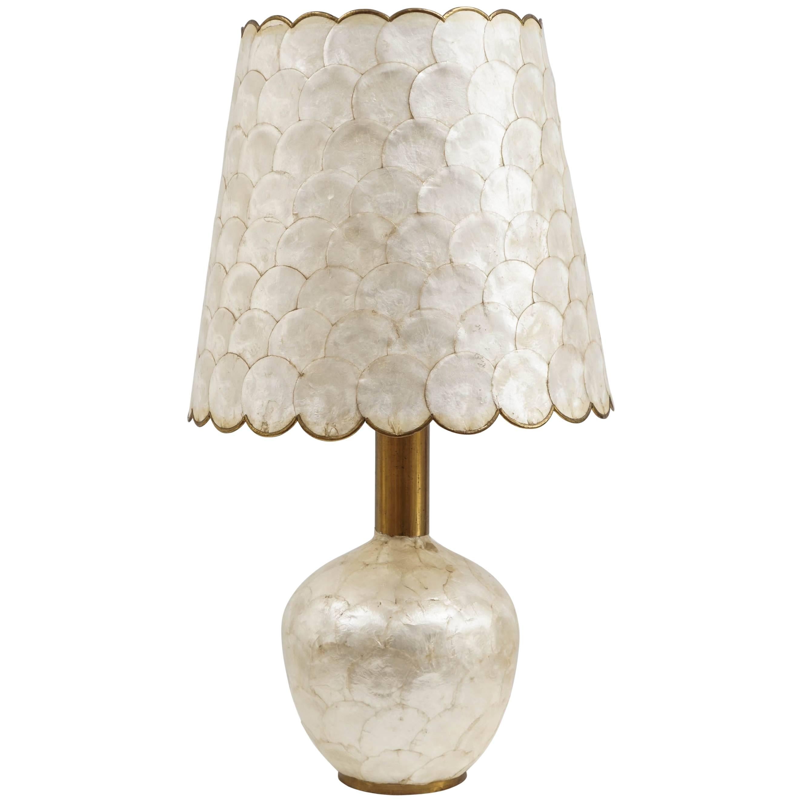 Glam Capiz Shell Table Lamp with Brass Detail, 1970s For Sale