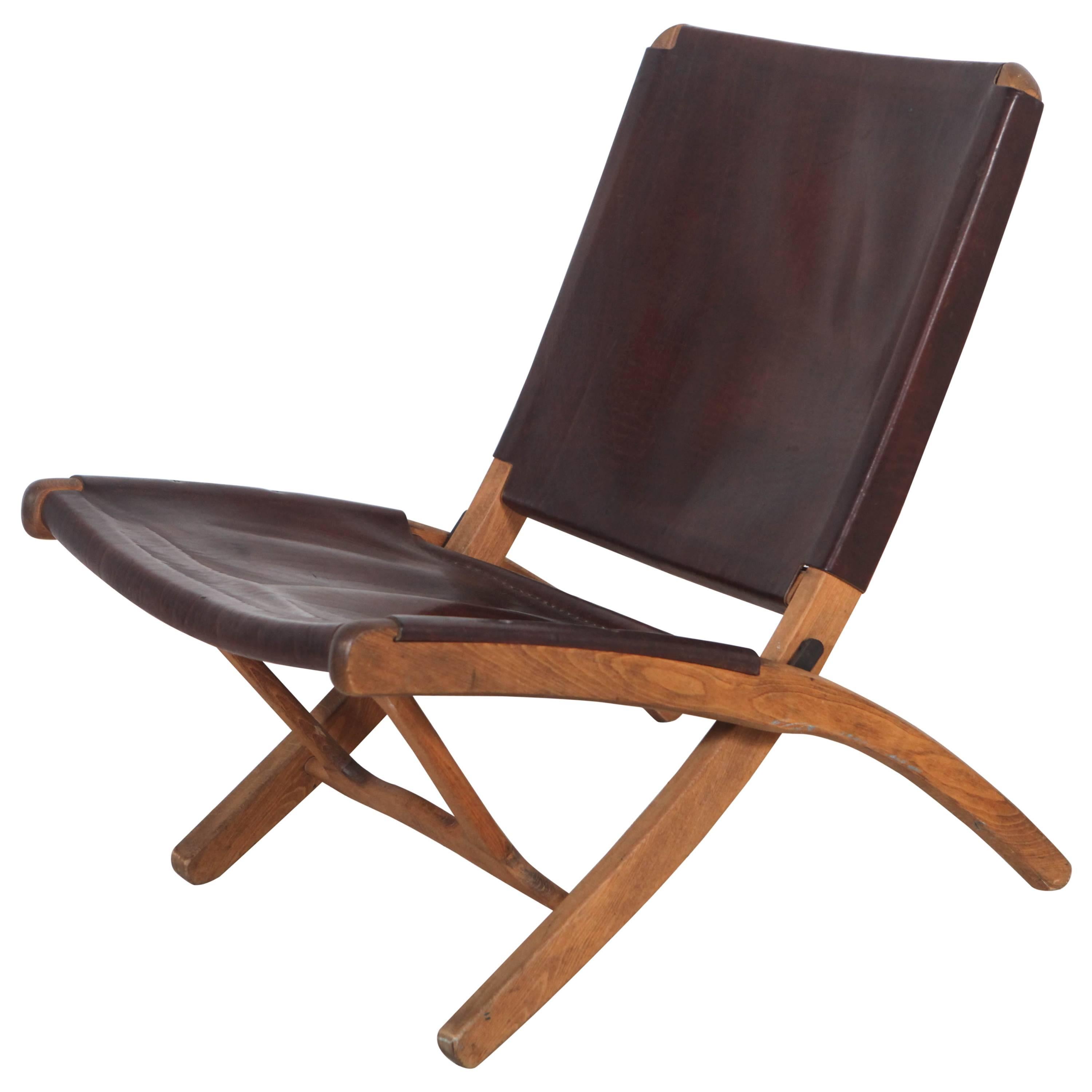 Italian Leather and Wood Folding Chair