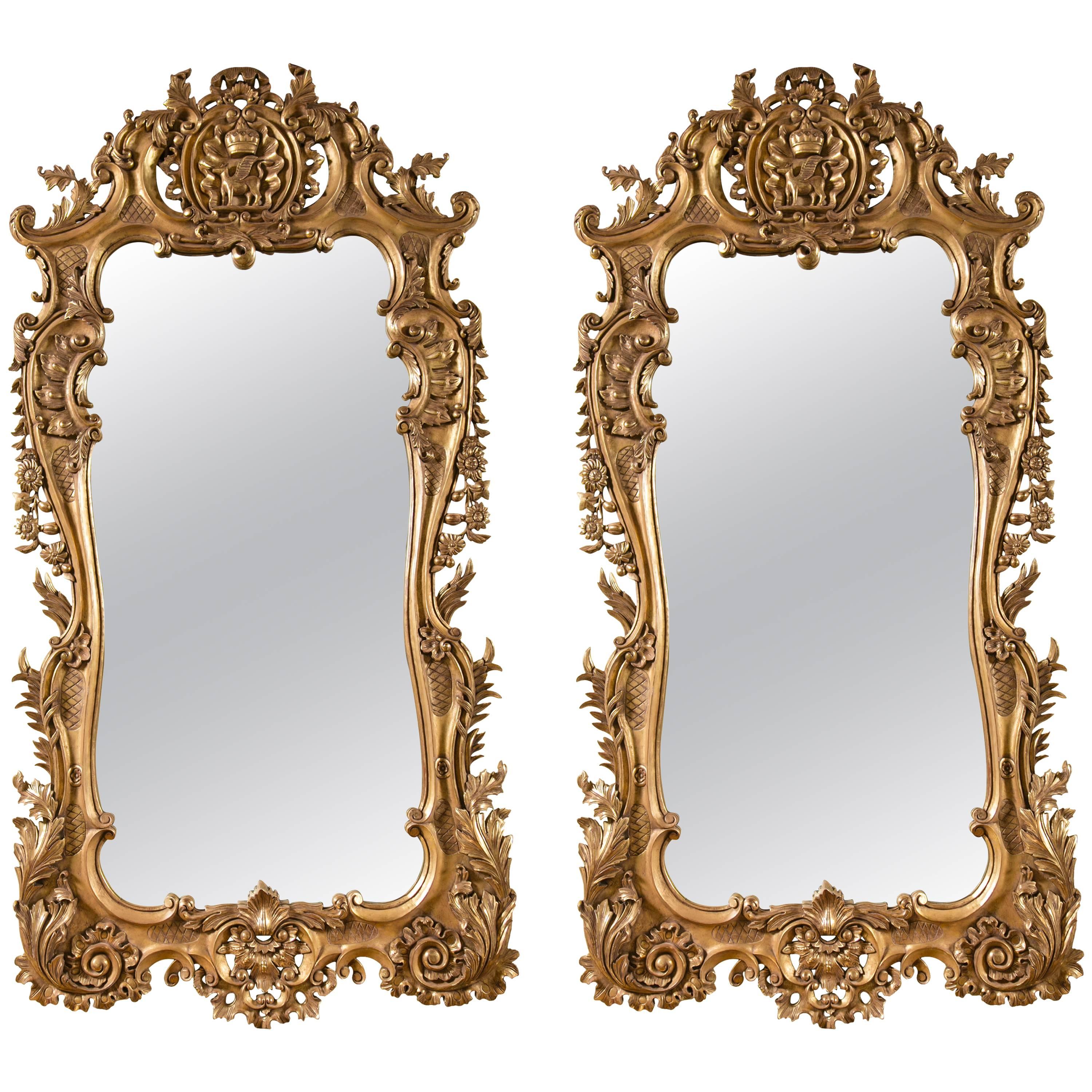 Pair of Monumental Louis XV Style Giltwood Mirrors Exquisite Details