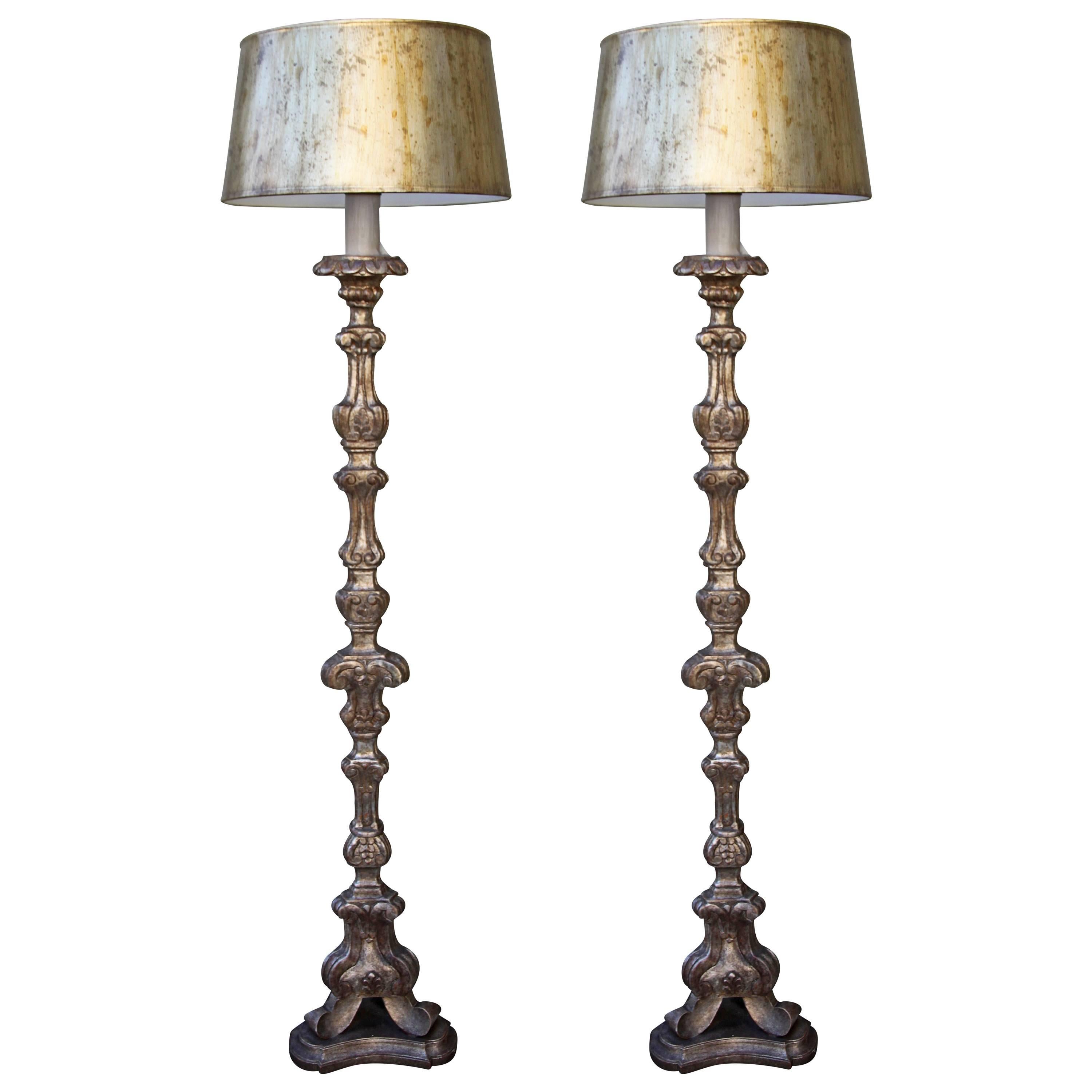 Pair of Italian Carved Standing Lamps w/ Custom Shades