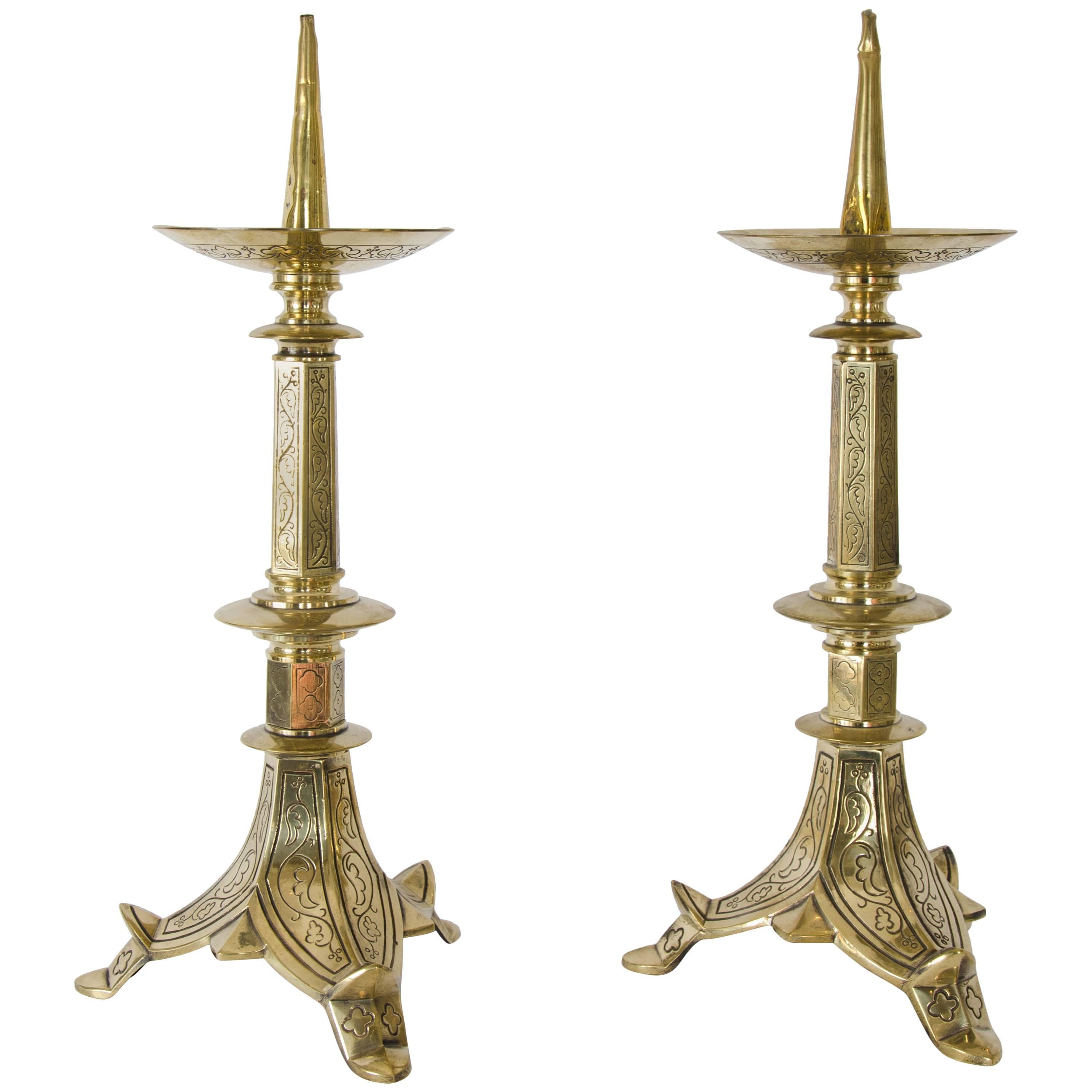 Pair of Brass Picket Candlesticks For Sale
