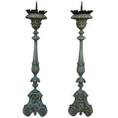 Pair of Italian Painted Candleholders with Metal Bobeches