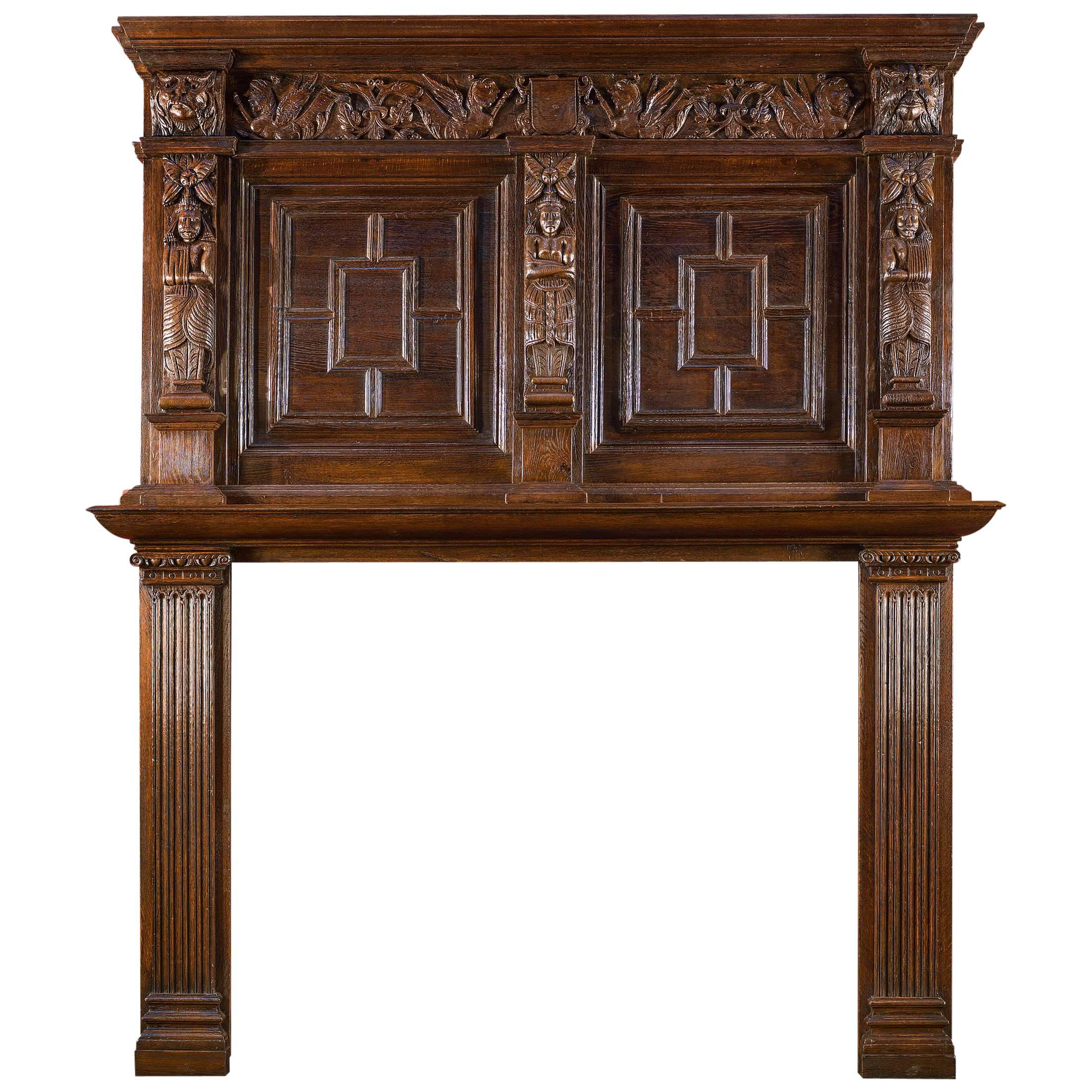 Tall Antique English Carved Oak Antique Fireplace Mantel
