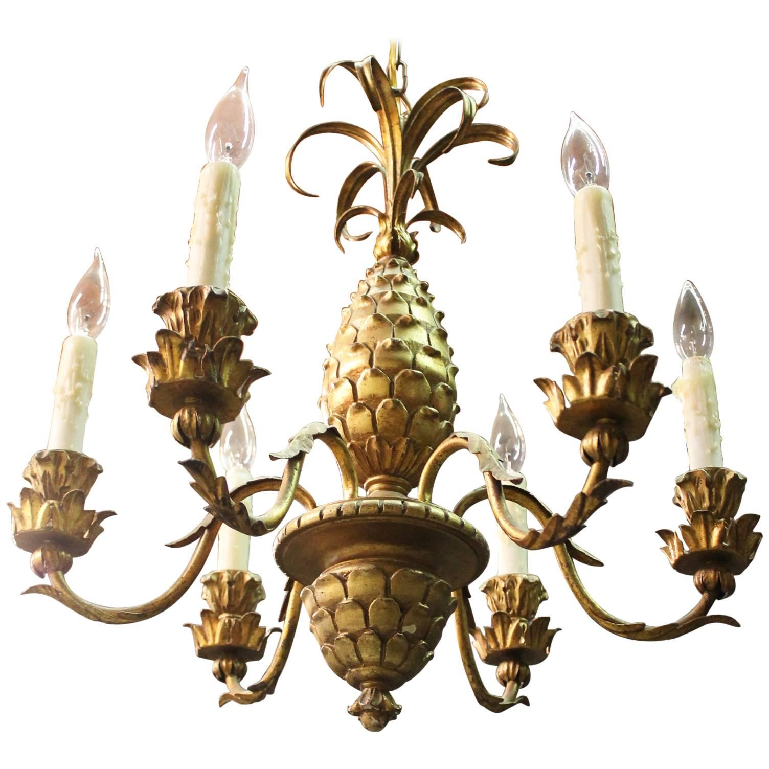 Italian Carved Giltwood Pineapple Chandelier For Sale