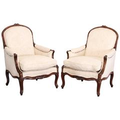 Pair of Beechwood Louis XV Bergères or French Armchairs, 1920