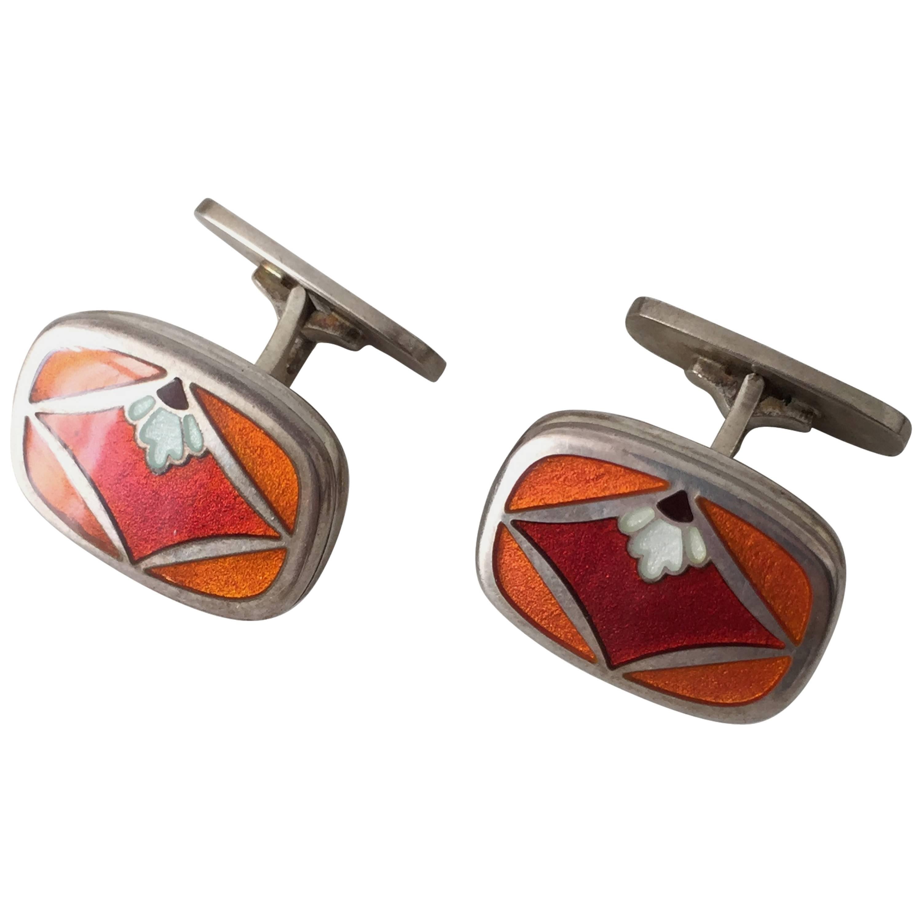 Georg Jensen Sterling Silver and Enamel Naja Salto Cuff Links