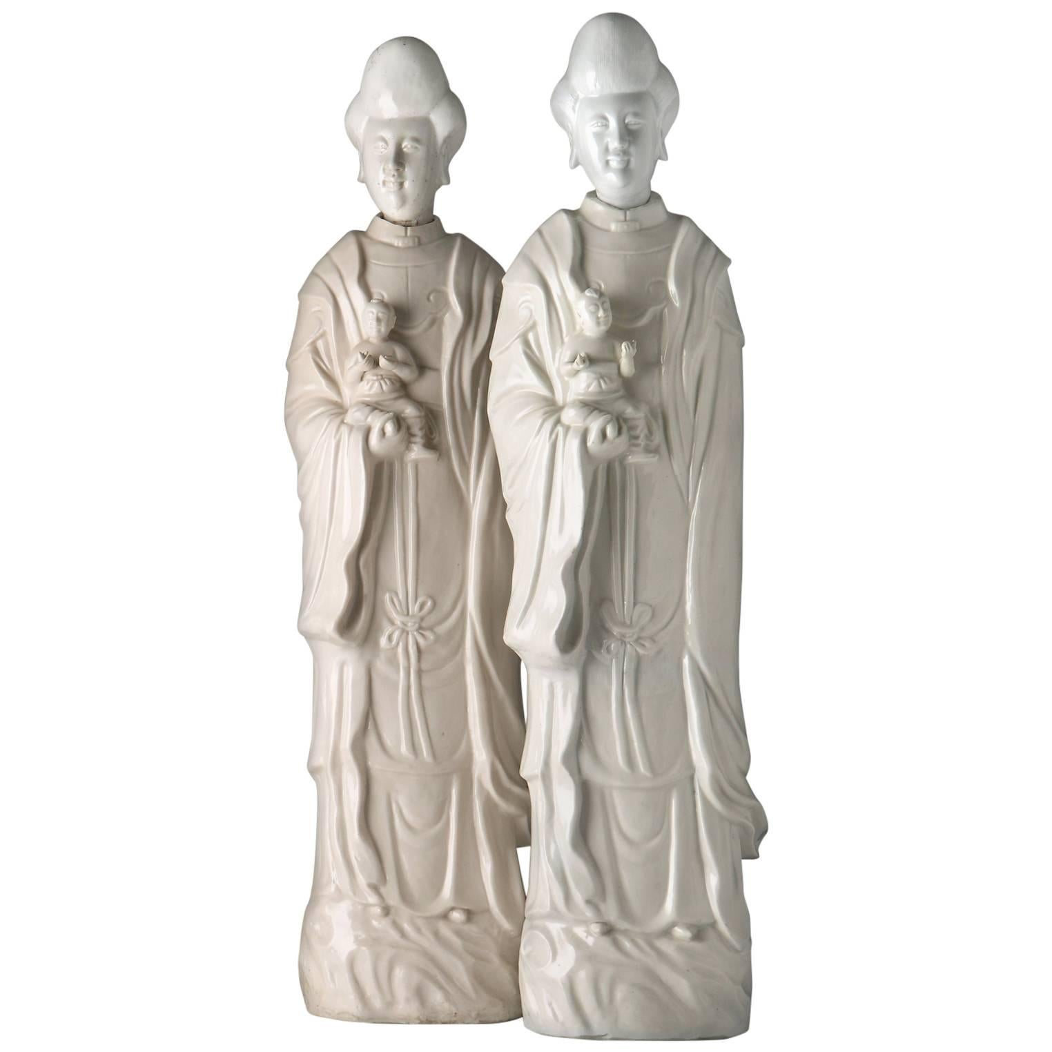 Pair of Chinese Blanc de Chine Porcelain Figures of Guanyin Songzi For Sale