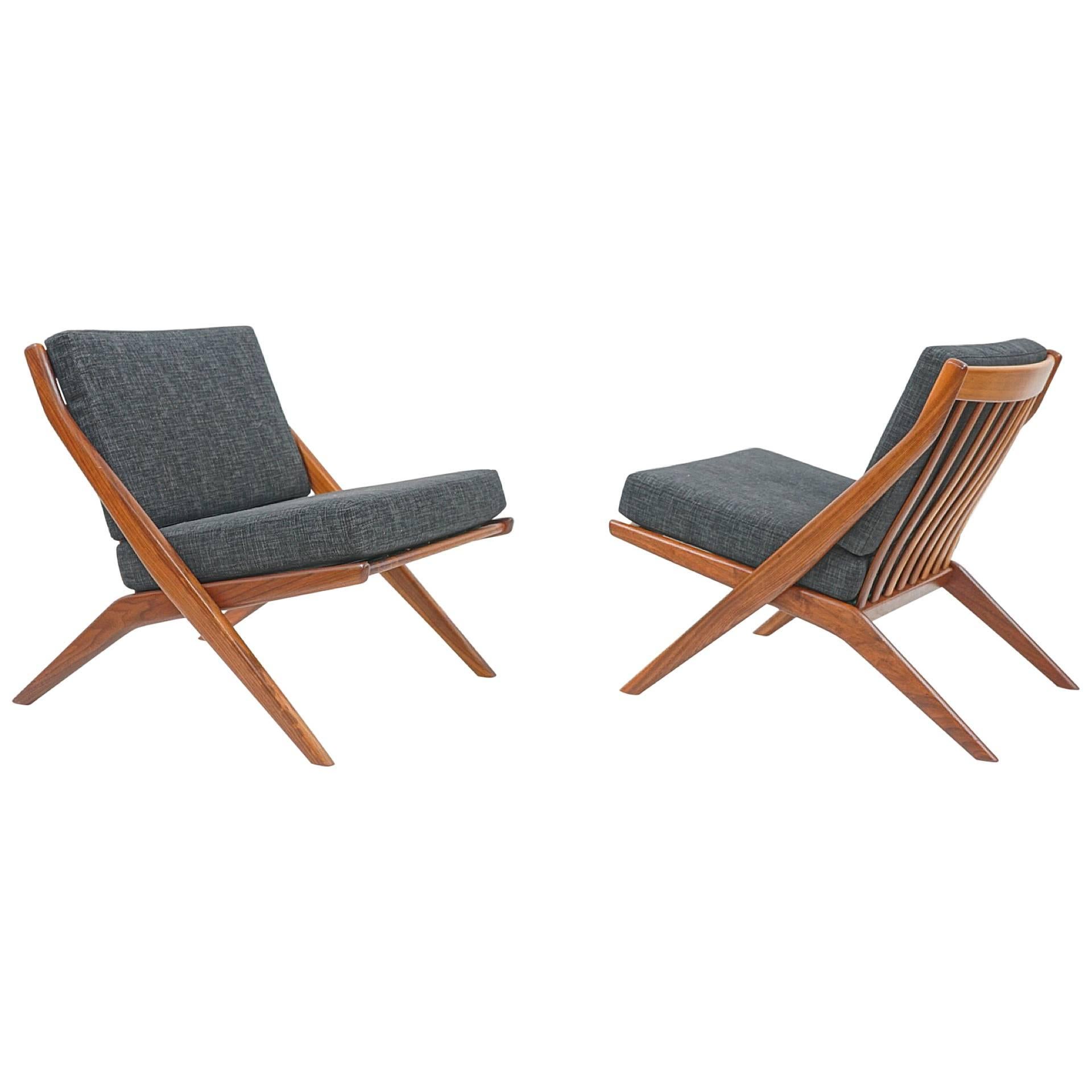Stunning Pair of Walnut Scissor Chairs by Folke Ohlsson  