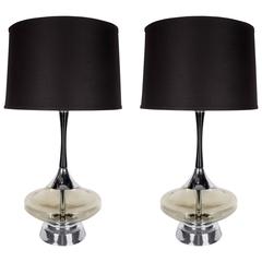 Ultra Chic Pair of Mid-Century Modernist Smoked Glass and Chrome Table Lamps