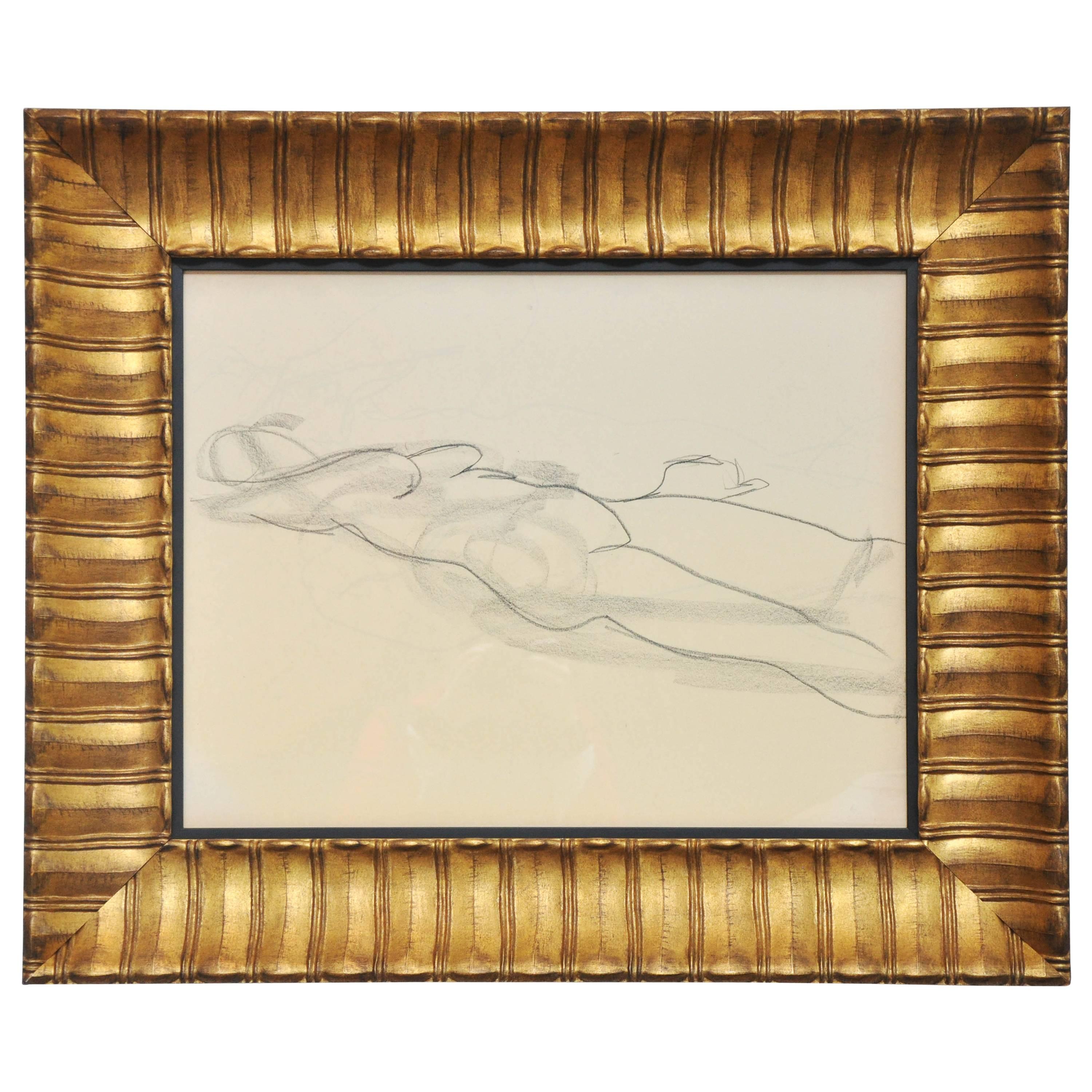 20th Century Nude, Line Drawing in Gilded Frame