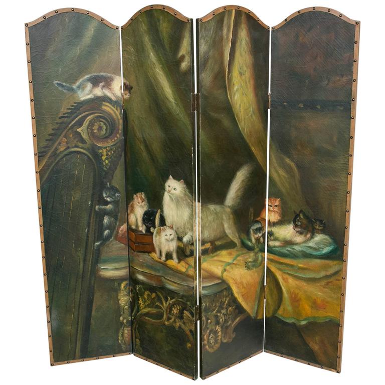 Rare 19th Century Room Divider Screen with Cats and Kittens Scene at