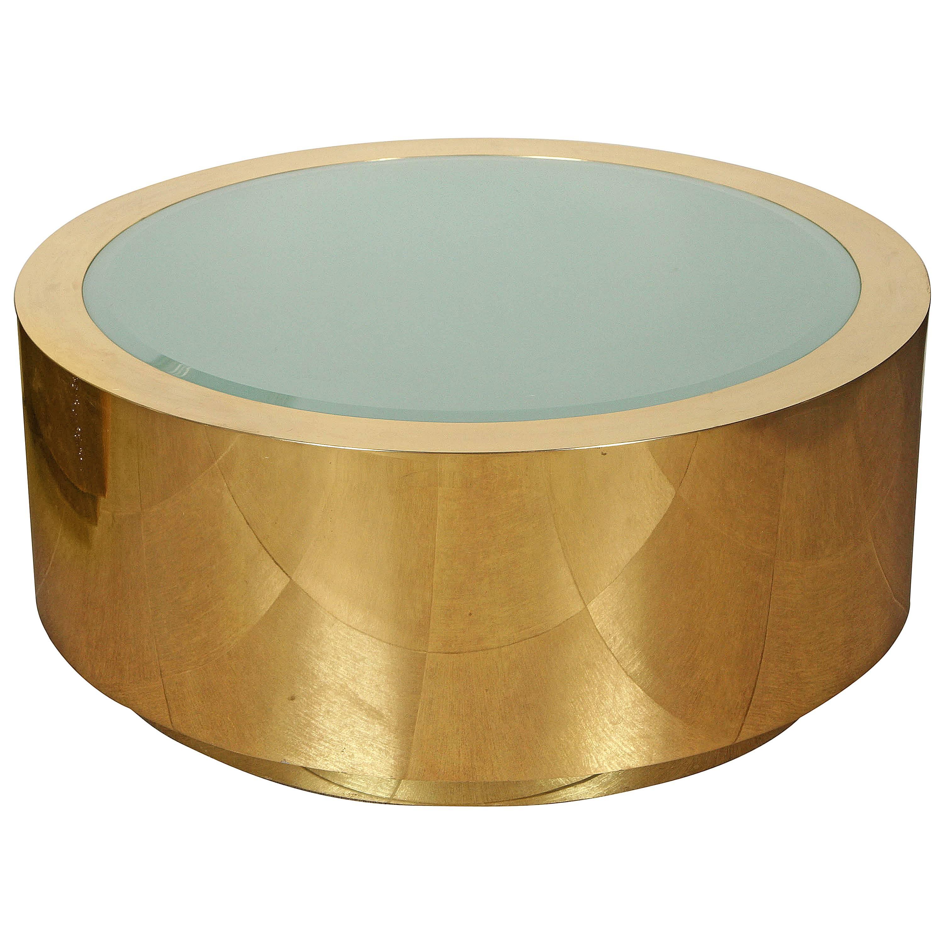 Stunning coffee table of polished brass and etched glass by Steve Chase