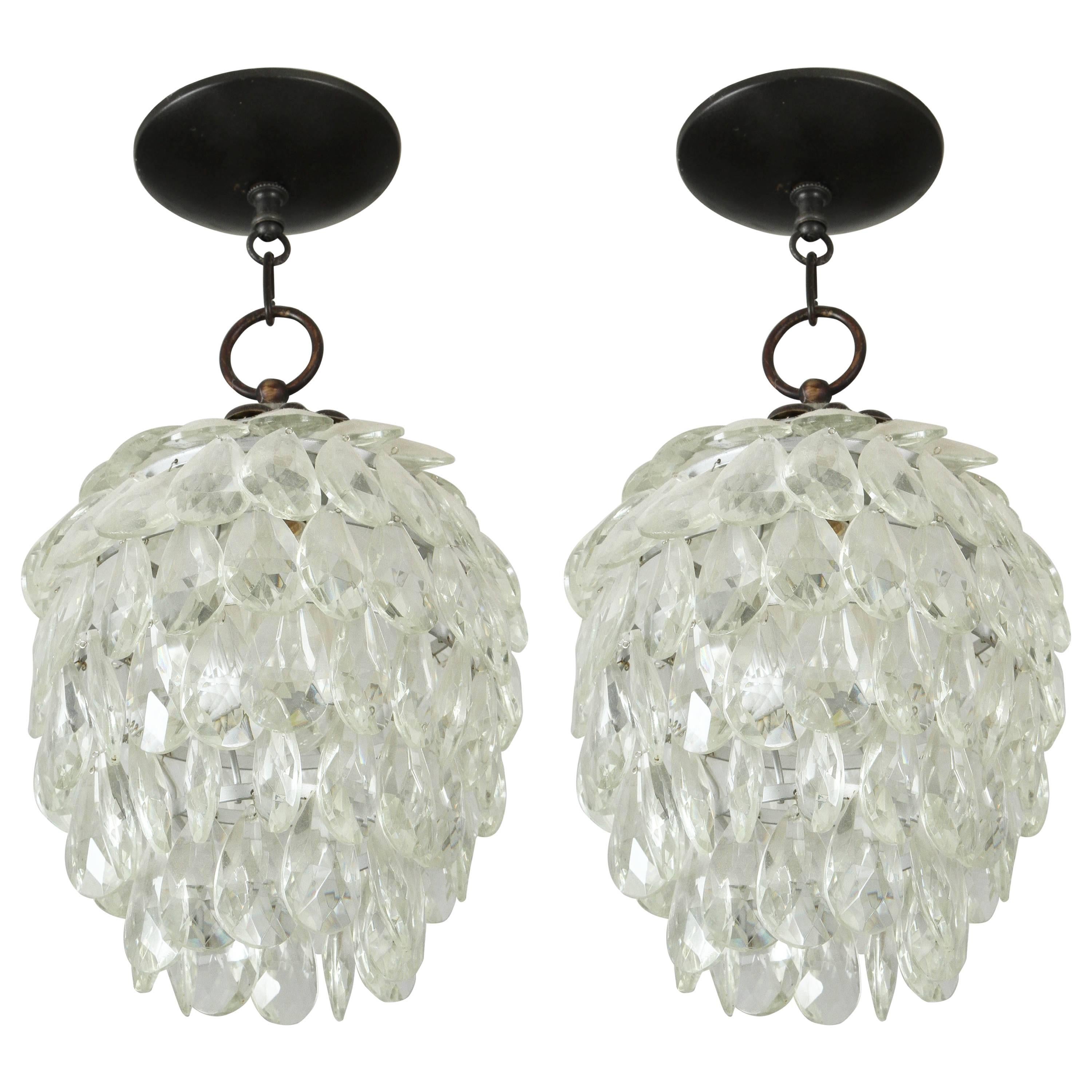 Pair of Charming Pendant Lights with Faceted Glass Teardrop Petals
