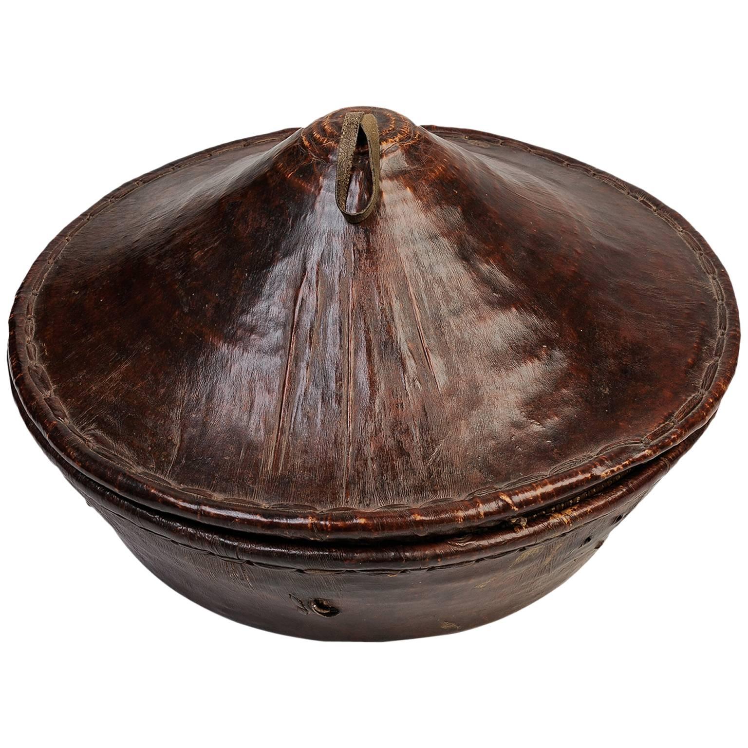 Leather-Covered Indian Basket with Lid For Sale