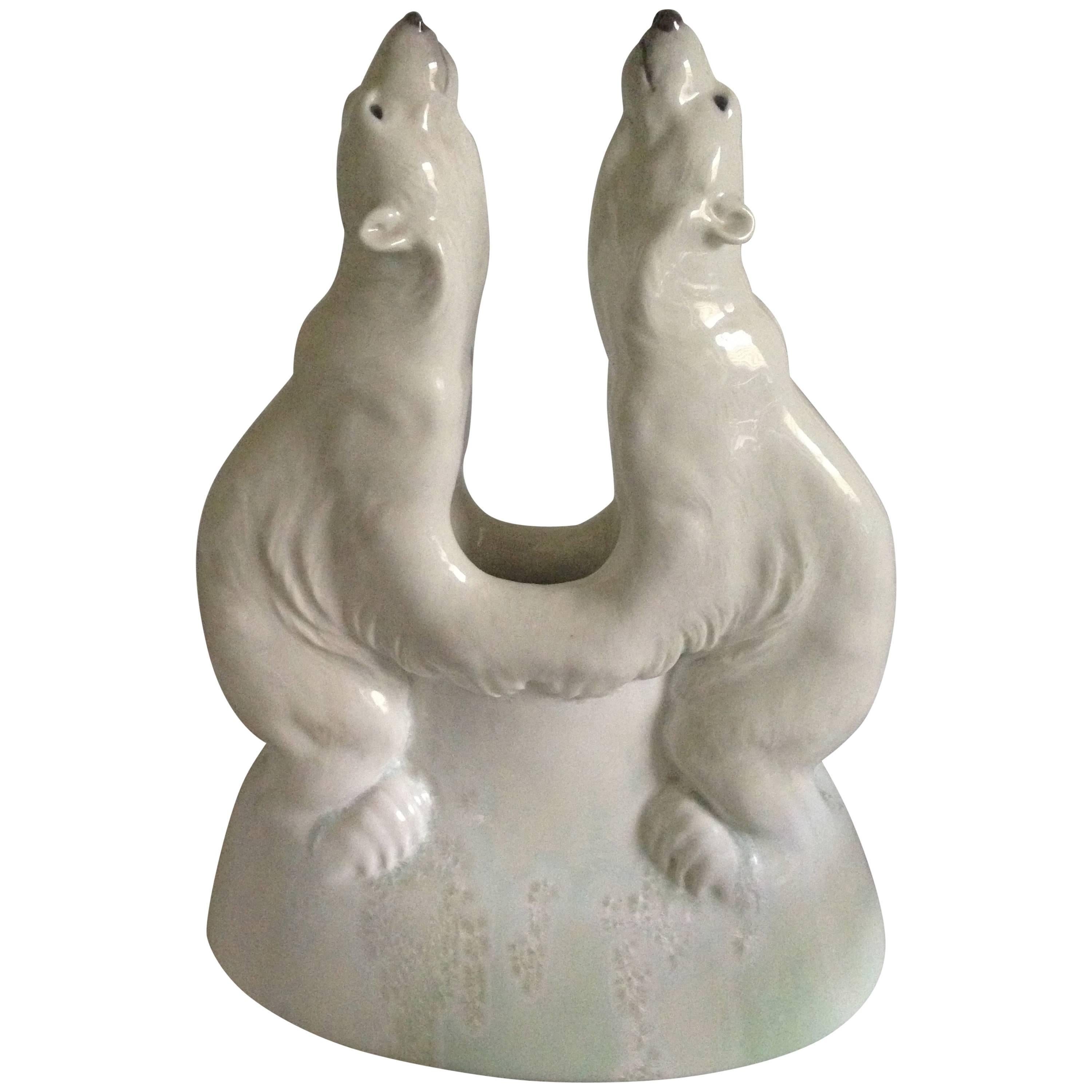 Huge Royal Copenhagen Art Nouveau Crystalline Vase with Two Polar Bears For Sale