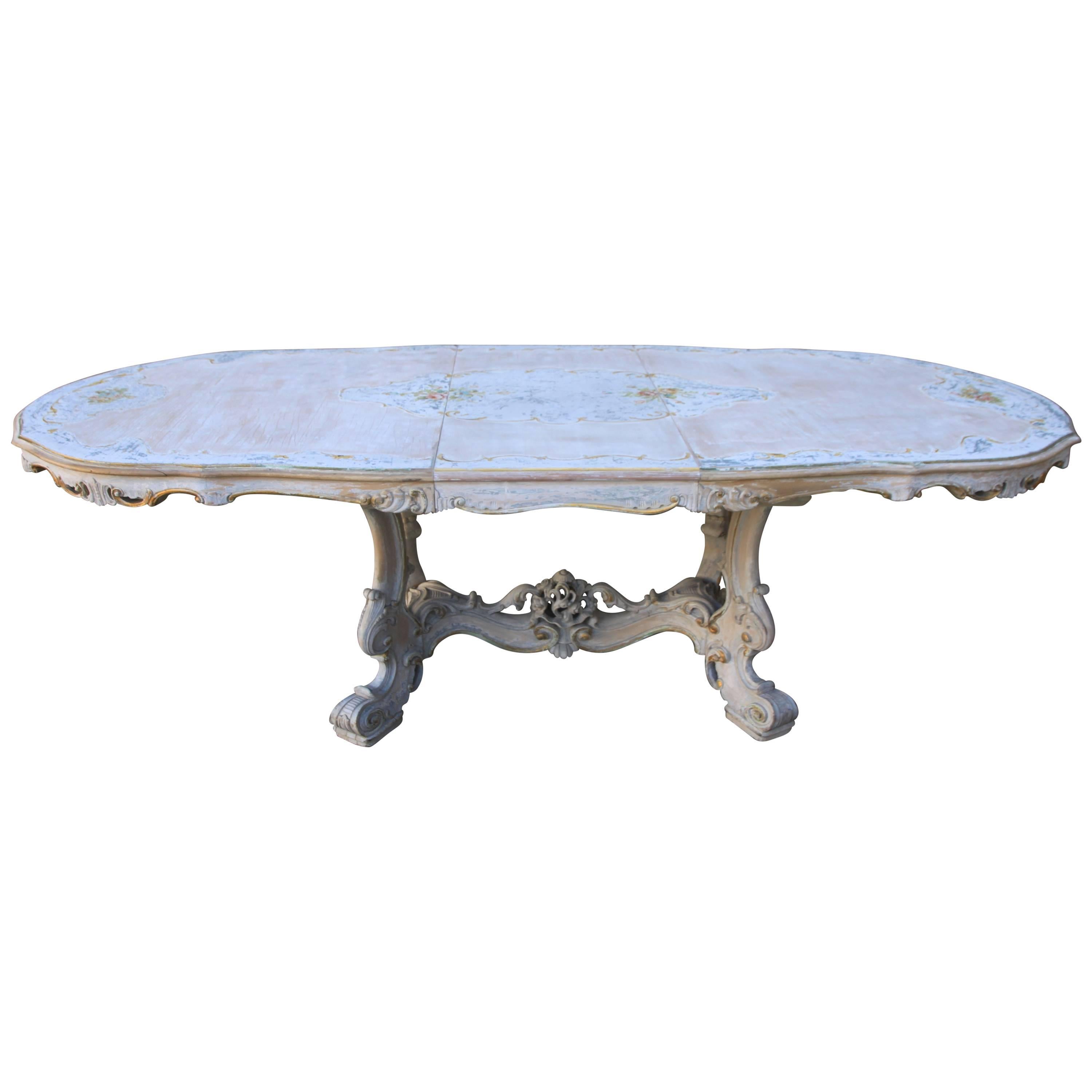 French Painted Rococo Style Dining Table w/ Center Leaf