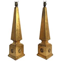 Pair of Monumental and Chic Gilt Obelisk Form Lamps with Sunflower Medallions