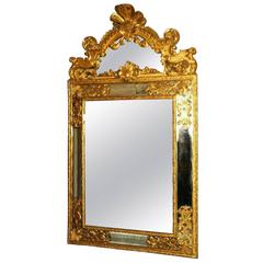 Antique Large 19th Century French Regence Carved Giltwood Cushion Mirror