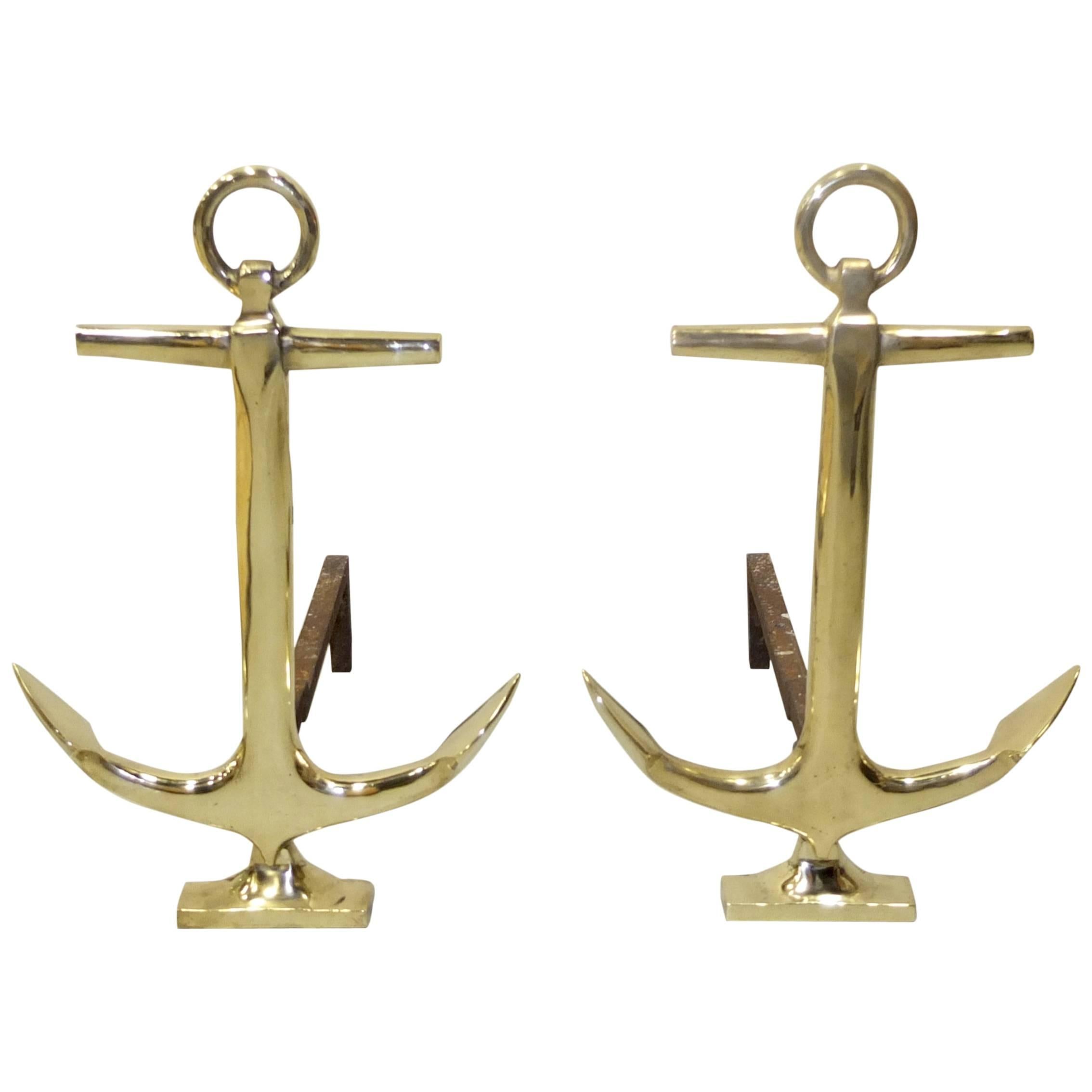 Pair of Brass Anchor Andirons