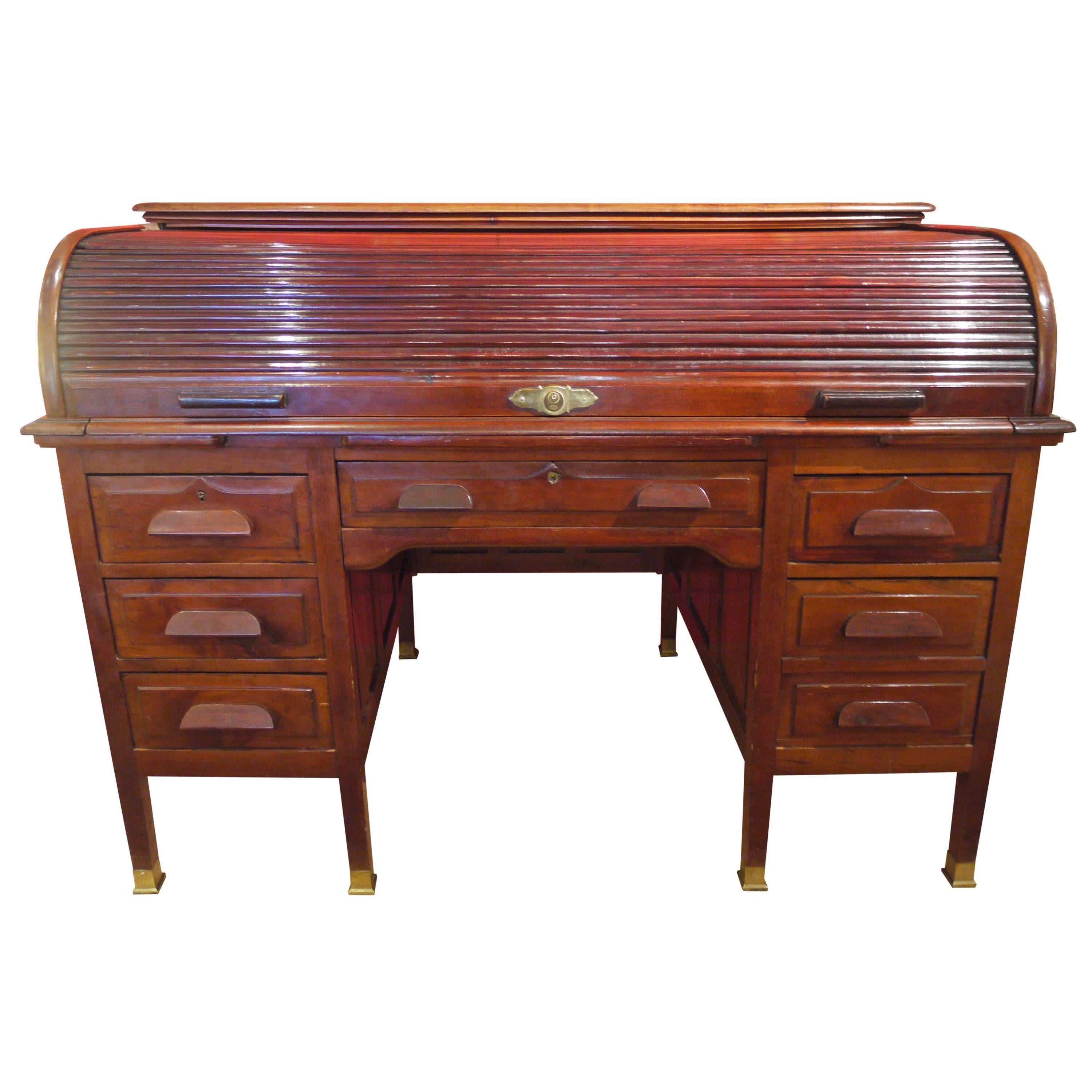 American Partner's Cylinder Desk in solid wood and veneers mahogany  For Sale