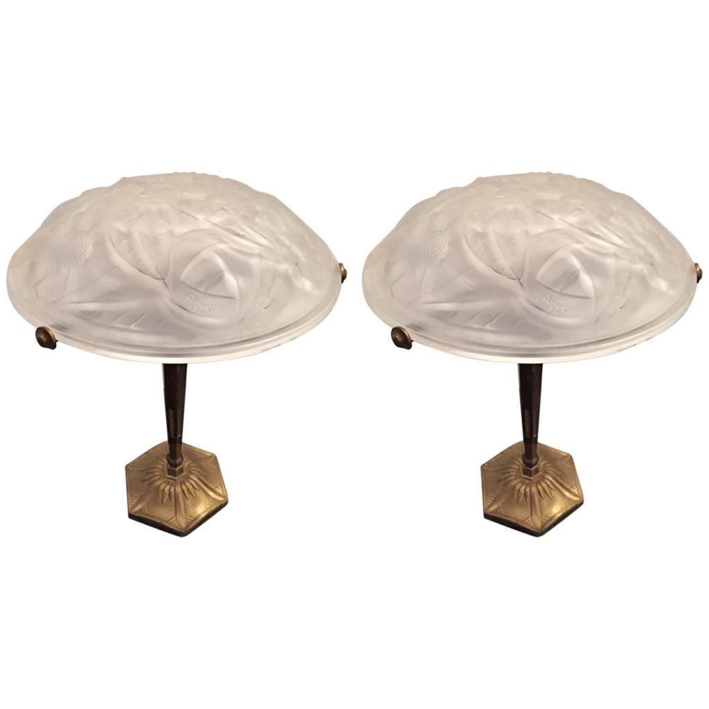 Pair of Signed Degue French Art Deco Table Lamps For Sale